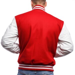 Scarlet Wool Body & Bright White Leather Sleeves Letterman Jacket back