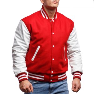 Varsity Letterman Jacket with Scarlet Wool Body & Bright White Leather Sleeves