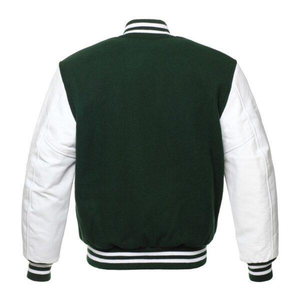 Forest Green Wool Body White Leather Sleeves Varsity Letterman Jacket back