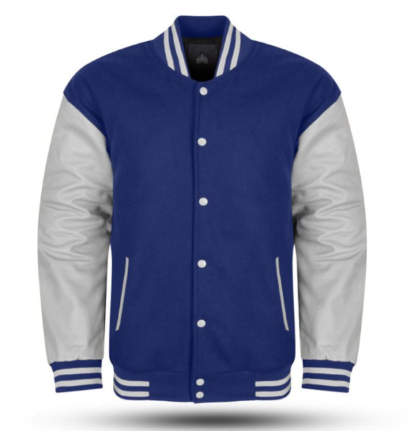 Varsity Jacket with Royal Blue Wool Body and Grey Leather Sleeves Letterman Jacket