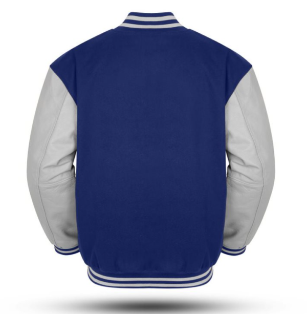 Varsity Jacket with Royal Blue Wool Body and Grey Leather Sleeves Letterman Jacket back