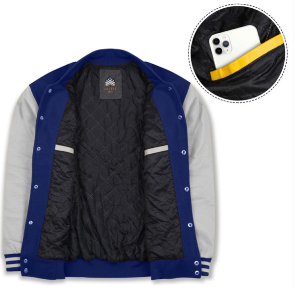 Varsity Jacket with Royal Blue Wool Body and Grey Leather Sleeves Letterman Jacket features