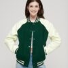 College Varsity Bomber Jacket Green Wool Body with White Leather Sleeves