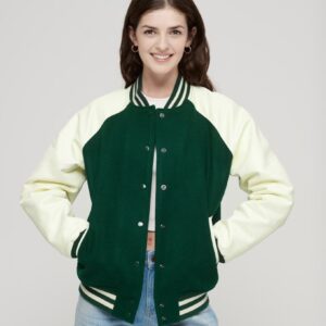 College Varsity Bomber Jacket Green Wool Body with White Leather Sleeves