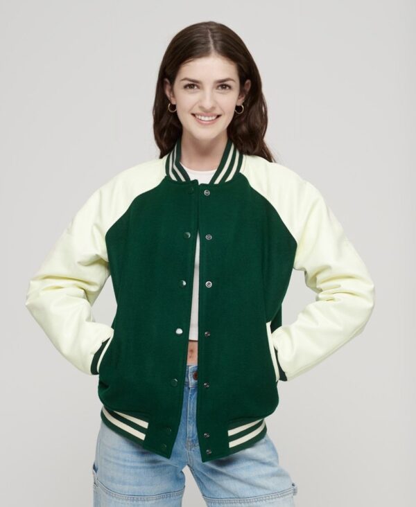 College Varsity Bomber Jacket Green Wool Body with White Leather Sleeves