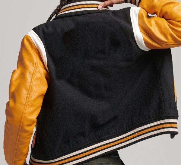 College Varsity Bomber Jacket Black Wool Body with Yellow Leather Sleeves BACK