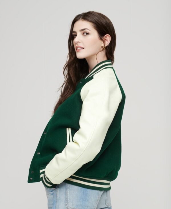 College Varsity Bomber Jacket Green Wool Body with White Leather SlV