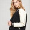 College Varsity Bomber Jacket Black Wool Body, White Leather Sleeves