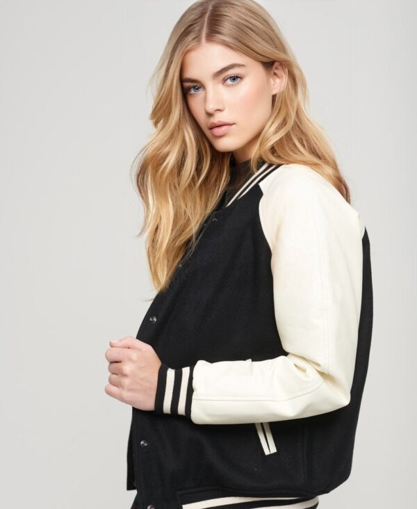 College Varsity Bomber Jacket Black Wool Body, White Leather Sleeves