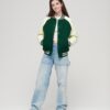 College Varsity Bomber Jacket Green Wool Body with White Leather Sleeves