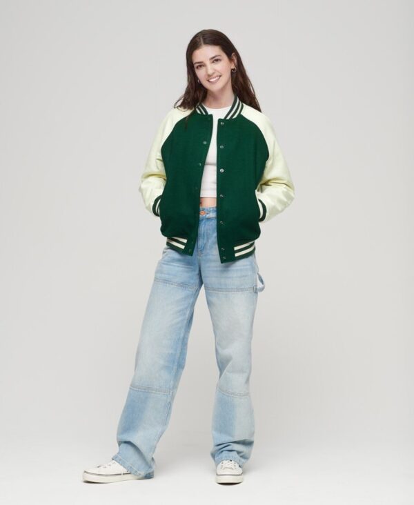 College Varsity Bomber Jacket Green Wool Body with White Leather Sleeves