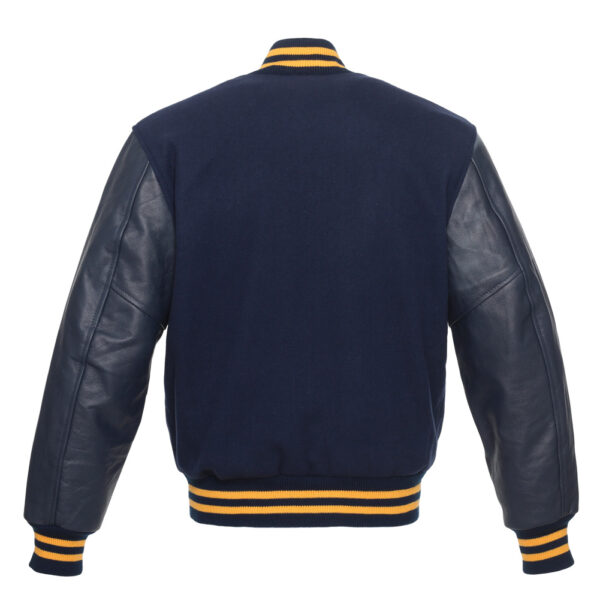 Letterman Jacket Navy Blue Wool Body Gold Trim Leather Sleeves Varsity Jacket