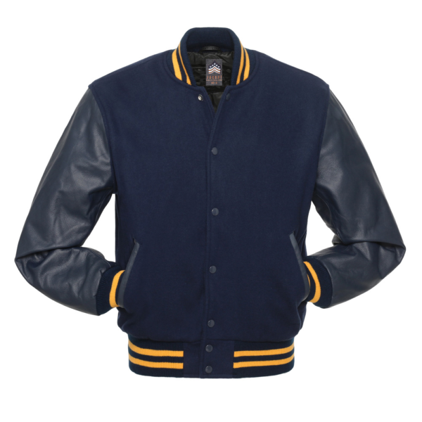 Letterman Jacket Navy Blue Wool Body Gold Trim Leather Sleeves Varsity Jacket