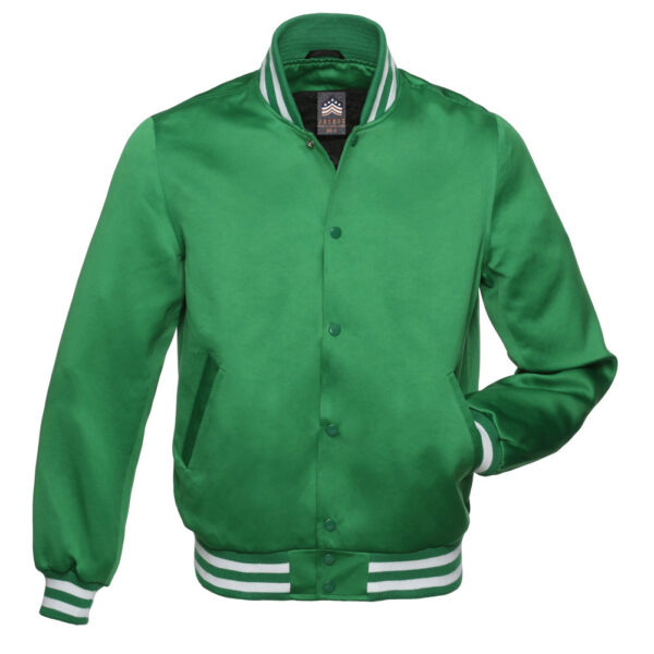 Letterman Jacket Kelly Green Satin Body and Sleeves White Trim Varsity Jacket