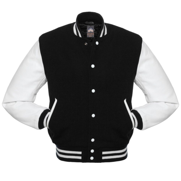 Kids Letterman Jacket Black Wool Body White Leather Sleeves Varsity Jacket