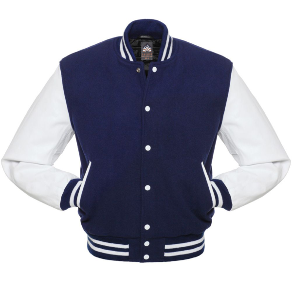 Kids Letterman Jacket Navy Blue Wool Body White Vinyl Sleeves Varsity Jacket