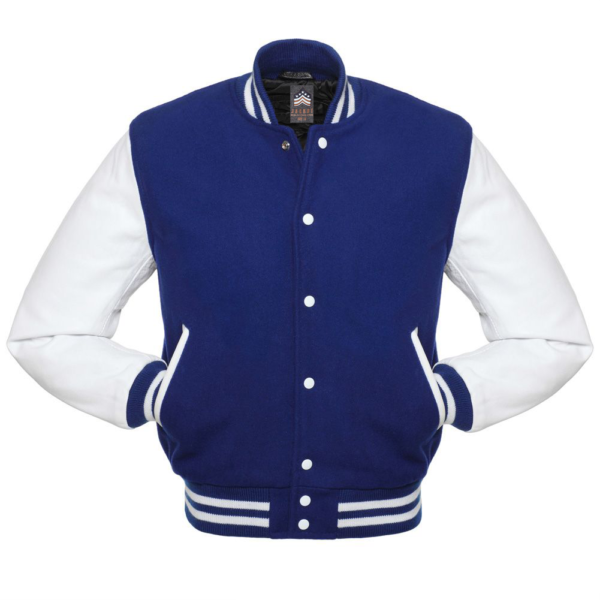 Kids Letterman Jacket Royal Blue Wool Body White Vinyl Sleeves Varsity Jacket