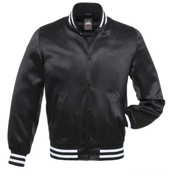 Letterman Jacket Black Satin Body and Sleeves White Trim Varsity Jacket