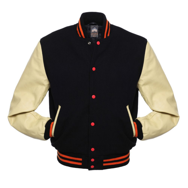 Letterman Jacket Black Wool Body Cream Leather Sleeves Varsity Jacket