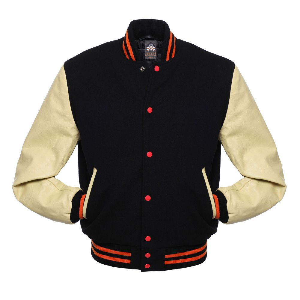 Letterman Jacket Black Wool Body Cream Leather Sleeves