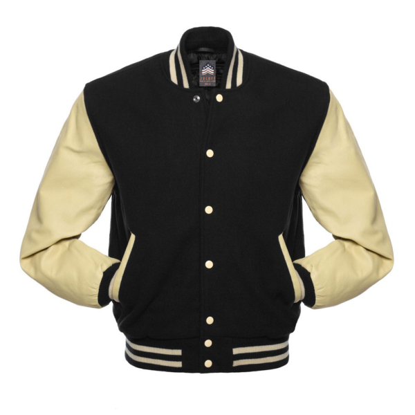 Letterman Jacket Black Wool Body Cream Leather Sleeves Varsity Jacket