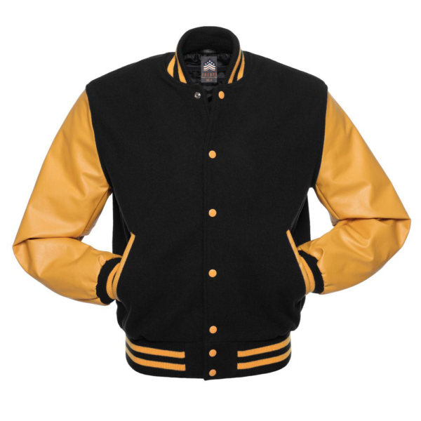 Letterman Jacket Black Wool Body Gold Vinyl Sleeves Varsity Jacket