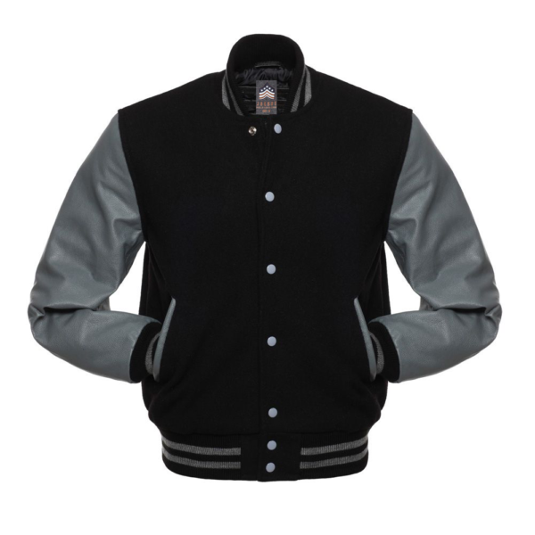 Letterman Jacket Black Wool Body Grey Leather Sleeves Varsity Jacket