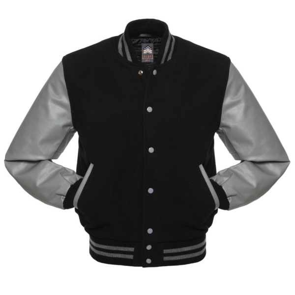 Letterman Jacket Black Wool Body Grey Vinyl Sleeves Varsity Jacket