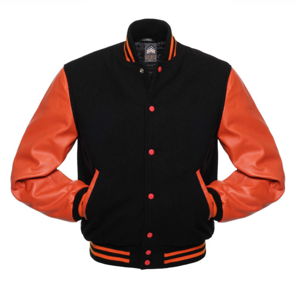 Letterman Jacket Black Wool Body Orange Leather Sleeves Varsity Jacket