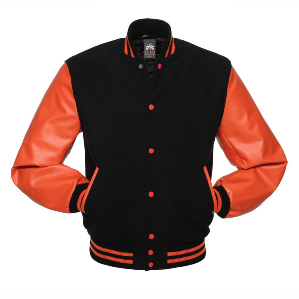 Letterman Jacket Black Wool Body Orange Vinyl Sleeves Varsity Jacket