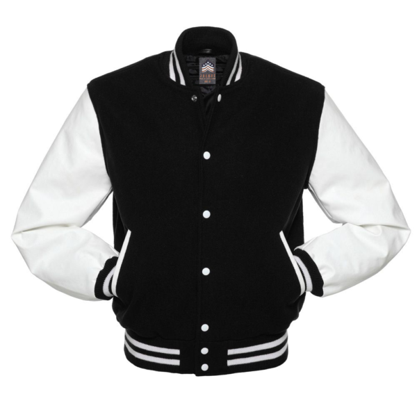 Letterman Jacket Black Wool Body White Vinyl Sleeves Varsity Jacket