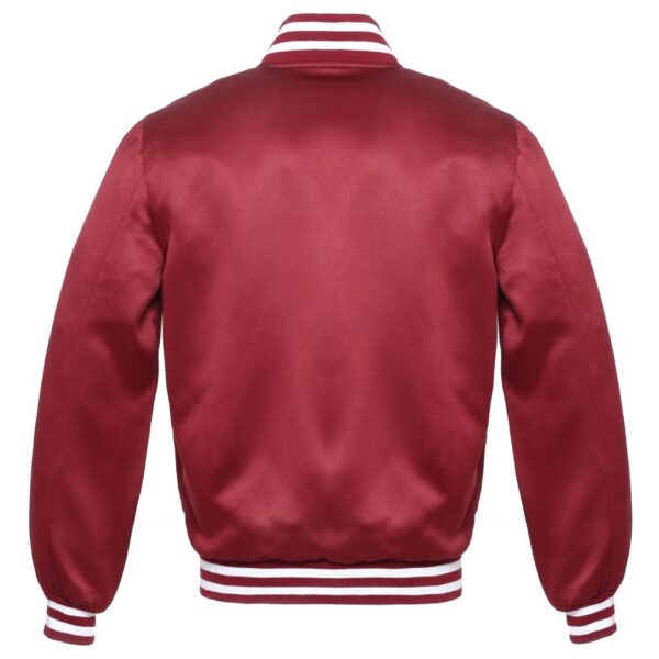 Letterman Jacket Cardinal Satin Body and Sleeves White Trim Varsity Jacket