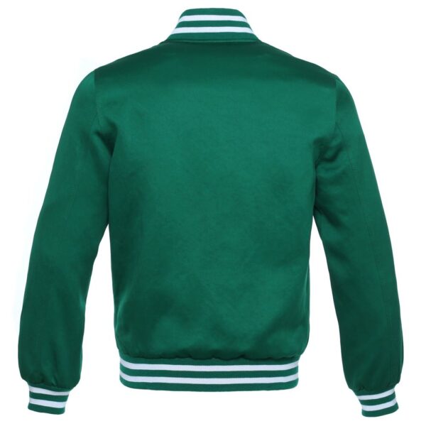 Letterman Jacket Forest Green Satin Body and Sleeves White Trim Varsity Jacket