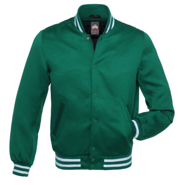 Letterman Jacket Forest Green Satin Body and Sleeves White Trim Varsity Jacket