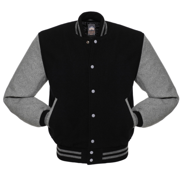 Letterman Jacket Grey Trim Black Wool Body and Sleeves Varsity Jacket