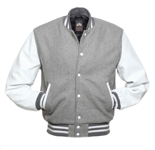 Letterman Jacket Grey Wool Body White Leather Sleeves Varsity Jacket