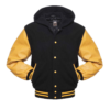 Letterman Jacket Hoodie Black Wool Body Gold Leather Sleeves Varsity Jacket