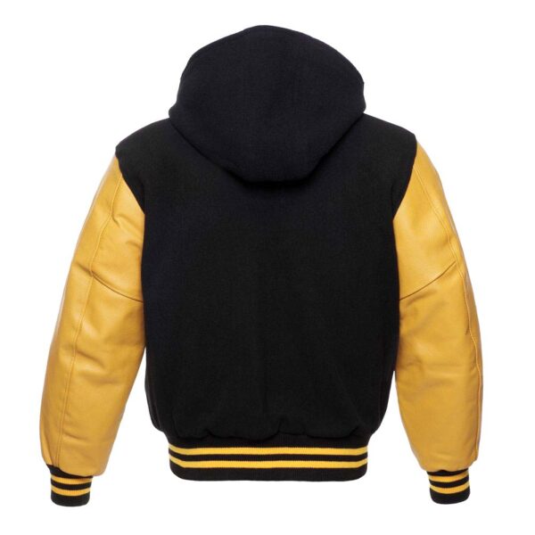 Letterman Jacket Hoodie Black Wool Body Gold Leather Sleeves Varsity Jacket