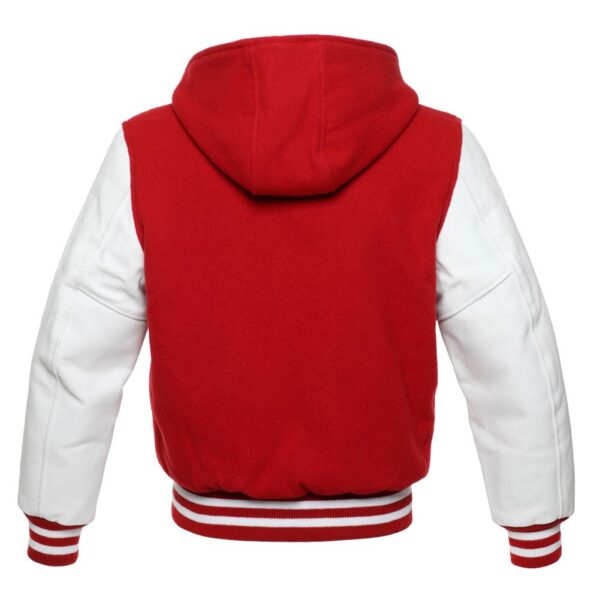 Letterman Jacket Hoodie Red Wool Body White Leather Sleeves Varsity Jacket