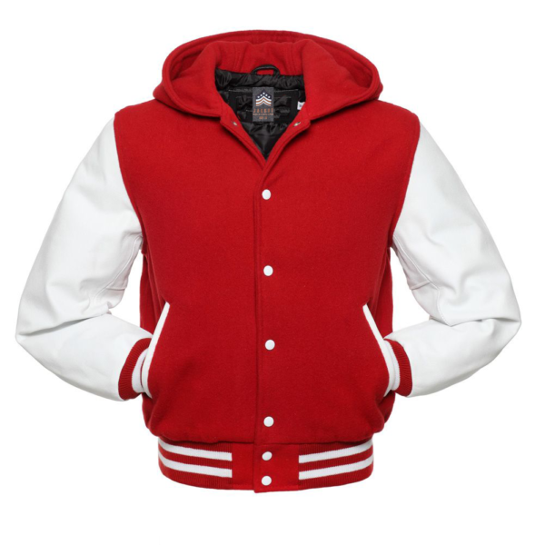 Letterman Jacket Hoodie Red Wool Body White Leather Sleeves Varsity Jacket