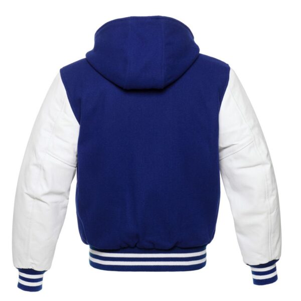 Letterman Jacket Hoodie Royal Blue Wool Body White Leather Sleeves Varsity Jacket