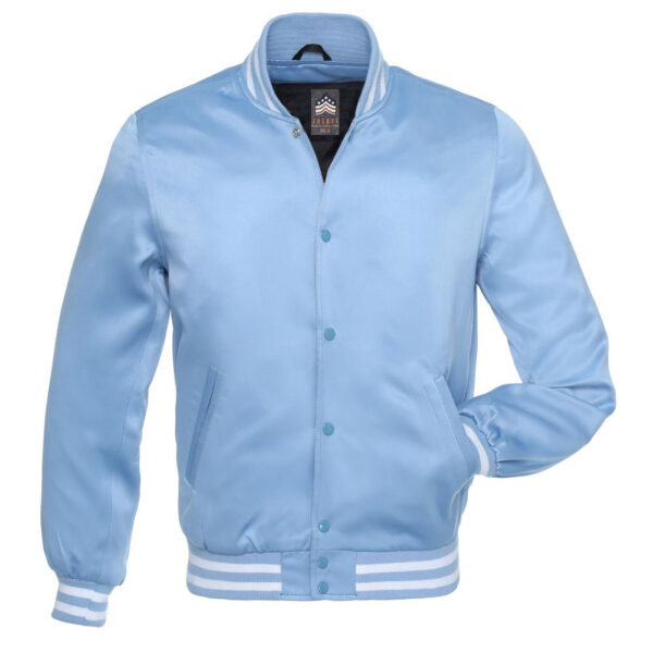 Letterman Jacket Light Blue Satin Body and Sleeves White Trim Varsity Jacket