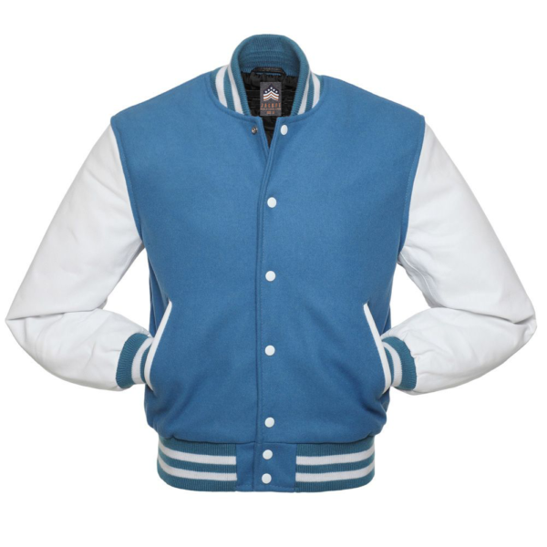 Letterman Jacket Light Blue Wool Body White Leather Sleeves Varsity Jacket