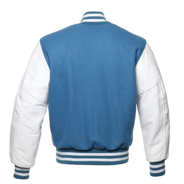 Letterman Jacket Light Blue Wool Body White Leather Sleeves Varsity Jacket back