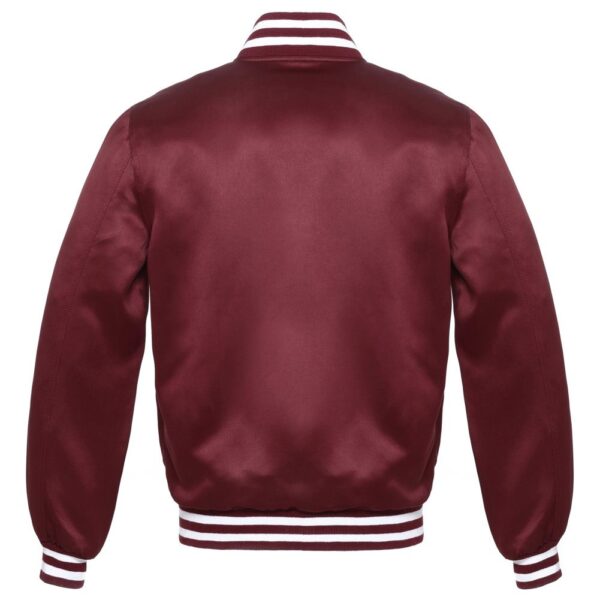 Letterman Jacket Maroon Satin Body and Sleeves White Trim Varsity Jacket