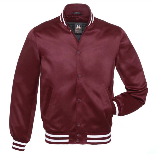 Letterman Jacket Maroon Satin Body and Sleeves White Trim Varsity Jacket