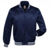 Letterman Jacket Navy Blue Satin Body and Sleeves White Trim Varsity Jacket