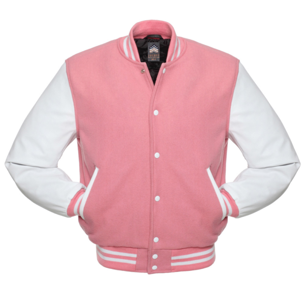 Letterman Jacket Pink Wool Body White Leather Sleeves Varsity Jacket