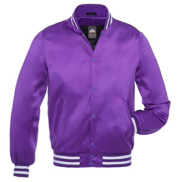 Letterman Jacket Purple Satin Body and Sleeves White Trim Varsity Jacket