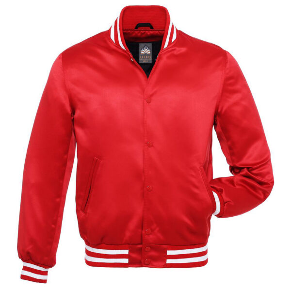 Letterman Jacket Red Satin Body and Sleeves White Trim Varsity Jacket